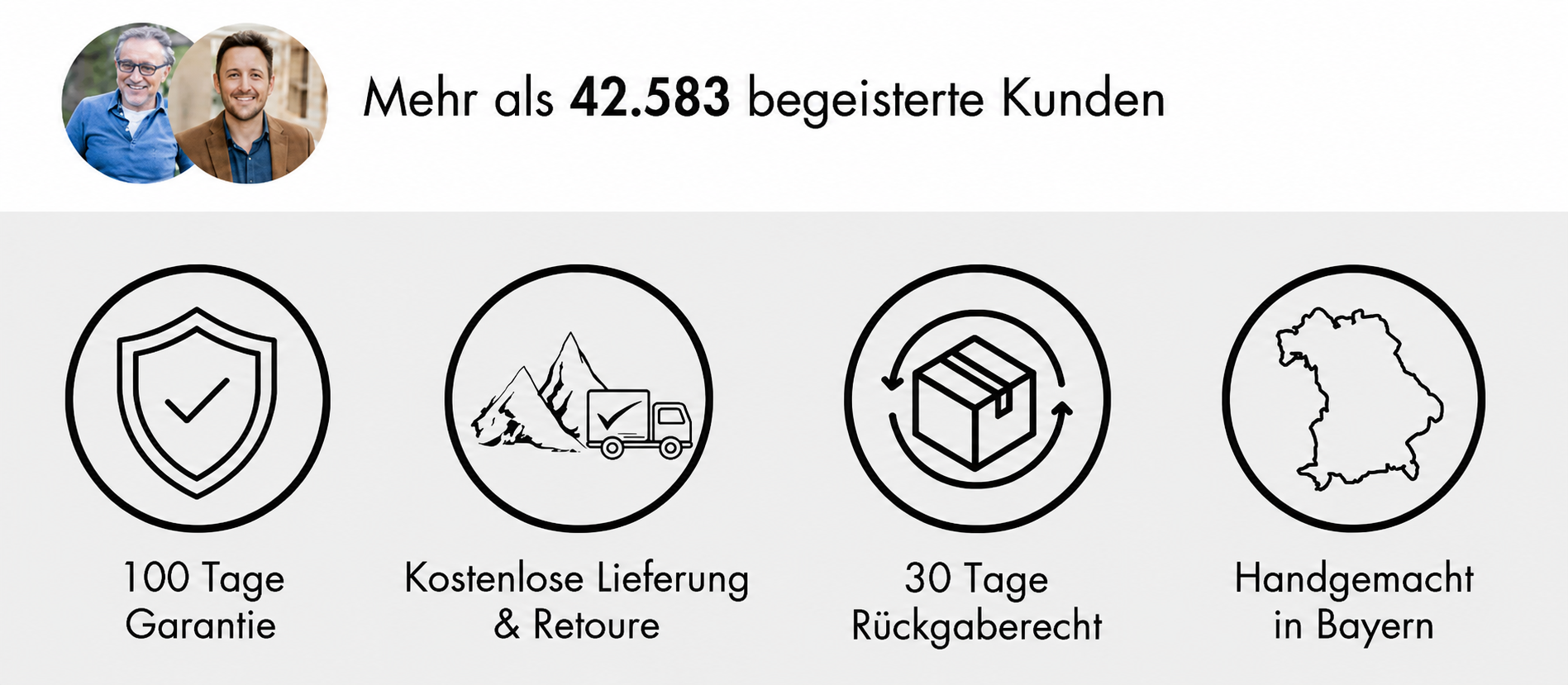 Bavarian Bua Vorteile für unsere Produkte mit 100 Tage Garantie, kostenloser Lieferung und handgemachter Fertigung in Bayern