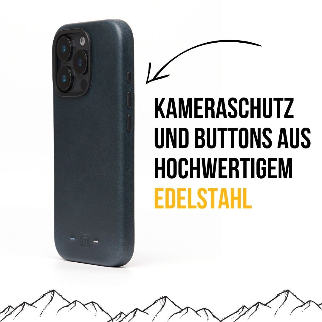 Blaue iPhone 16 Pro Max Hülle mit Kameraschutz und Buttons aus Edelstahl, dargestellt auf weißem Hintergrund.