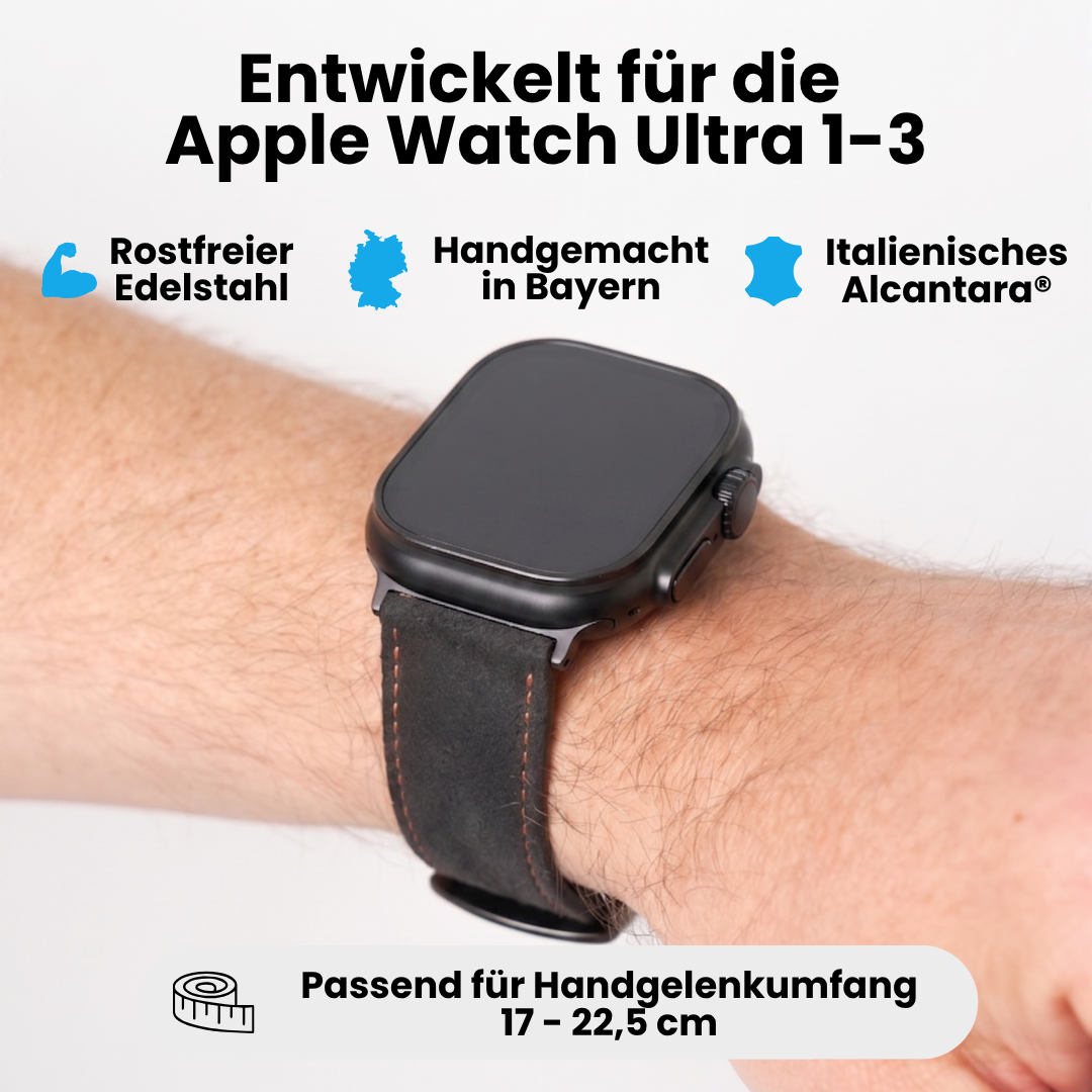 Anthrazit Orange Alcantara Armband für Apple Watch Ultra 1–3 mit Edelstahl, handgemacht in Bayern und passendem Handgelenkumfang 17–22,5 cm