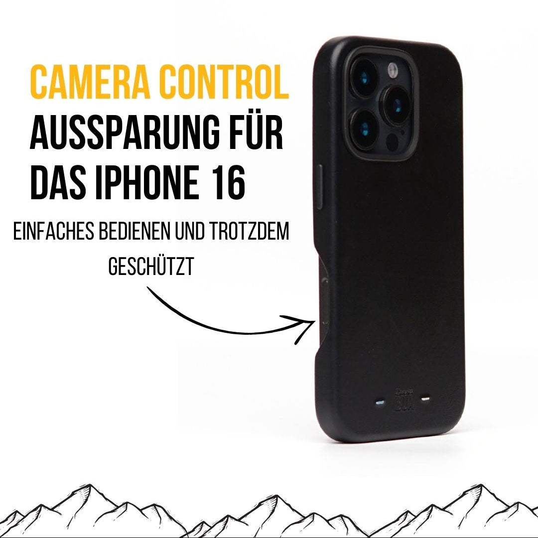 Schwarze iPhone 16 Pro Max Hülle mit seitlicher Aussparung für die Camera-Control-Taste, dargestellt auf weißem Hintergrund.