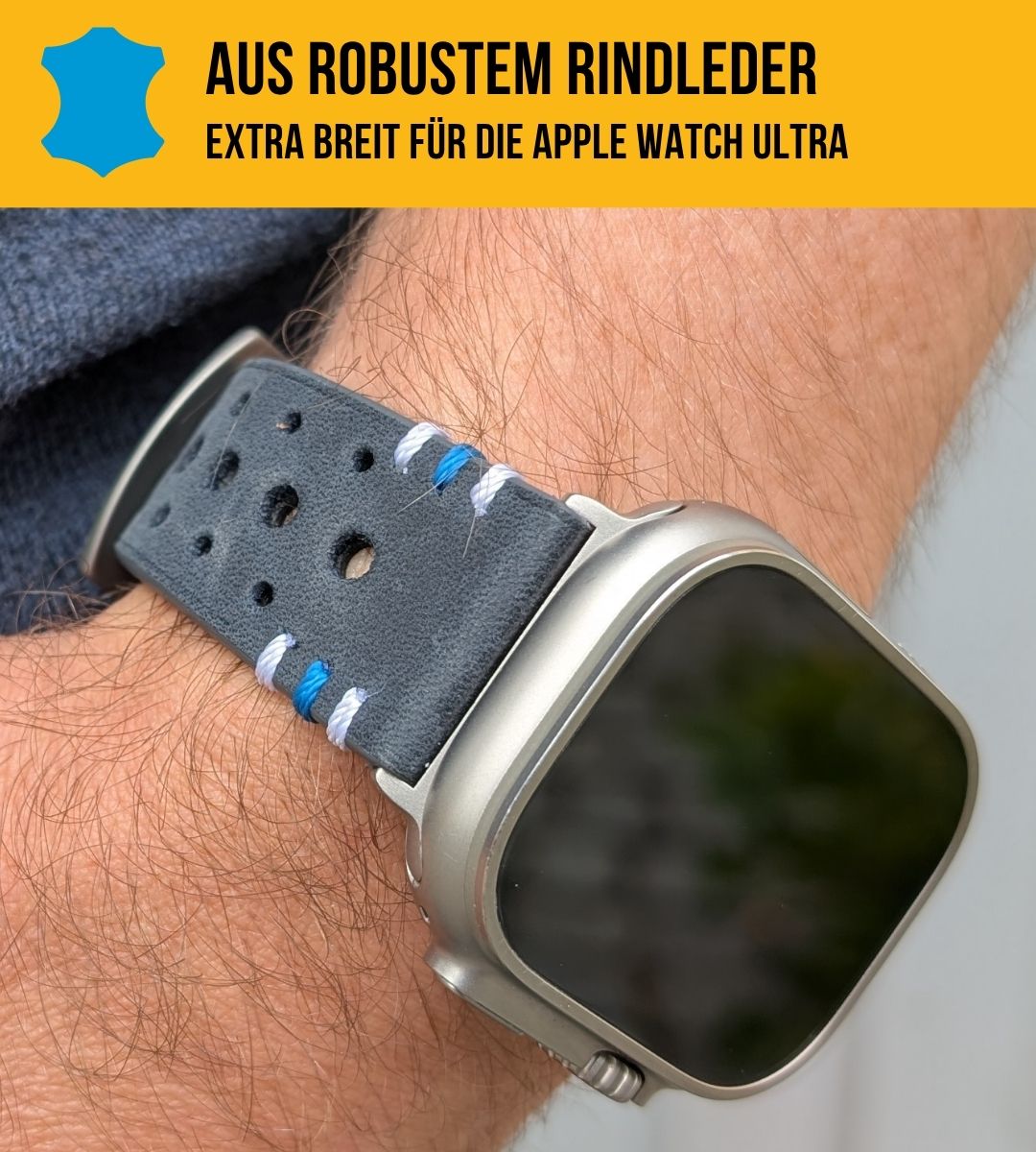 Racing Armband für die Apple Watch Ultra 1, 2 und 3 aus Echtleder | Blau