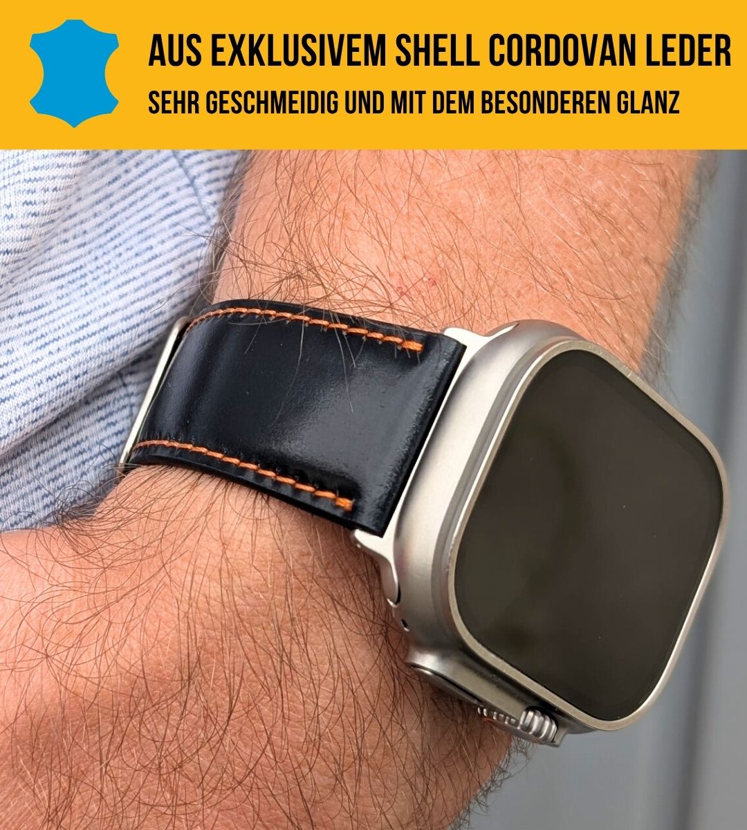 Shell Cordovan Lederband für die Apple Watch Ultra in edlem Schwarz