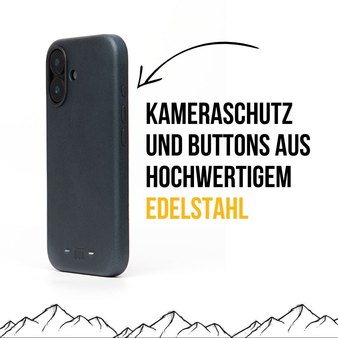 Blaue iPhone 16 Hülle mit Kameraschutz und Buttons aus Edelstahl, dargestellt auf weißem Hintergrund.