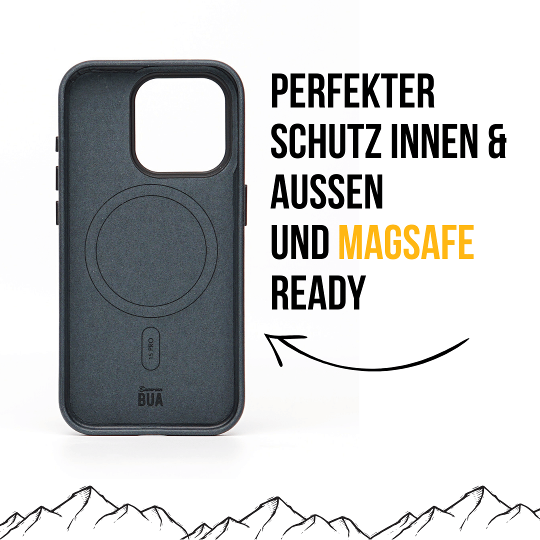 Blaue iPhone 16 Pro Max Hülle innen aus Mikrofaser mit Magsafe, dargestellt auf weißem Hintergrund.