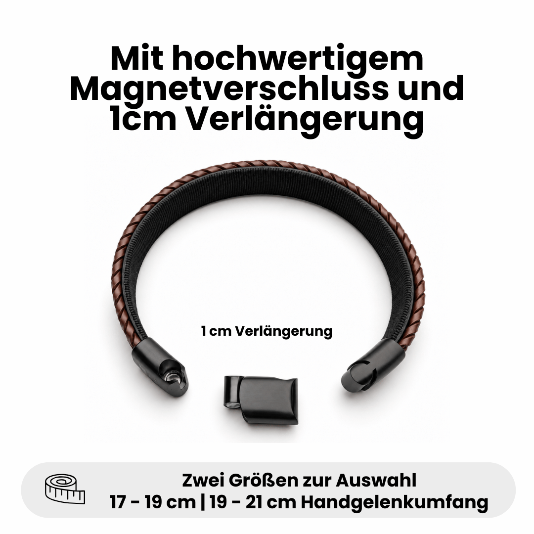 Bavarian BUA Armband Flecht in Braun mit geöffnetem Magnetverschluss und 1 cm Verlängerung; Größen für 17–19 cm und 19–21 cm Handgelenkumfang.