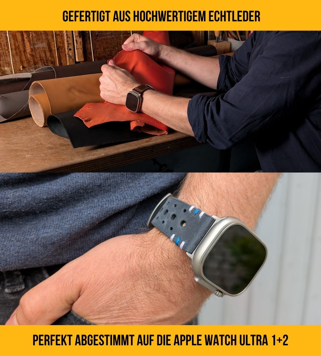 Racing Armband für die Apple Watch Ultra 1, 2 und 3 aus Echtleder | Blau