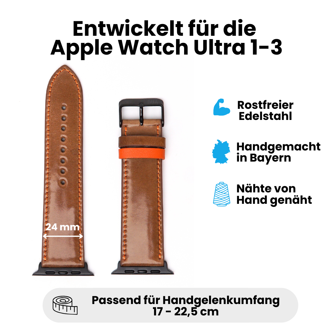 Braunes Shell Cordovan Band Apple Watch Ultra auf weißem Hintergrund Daten