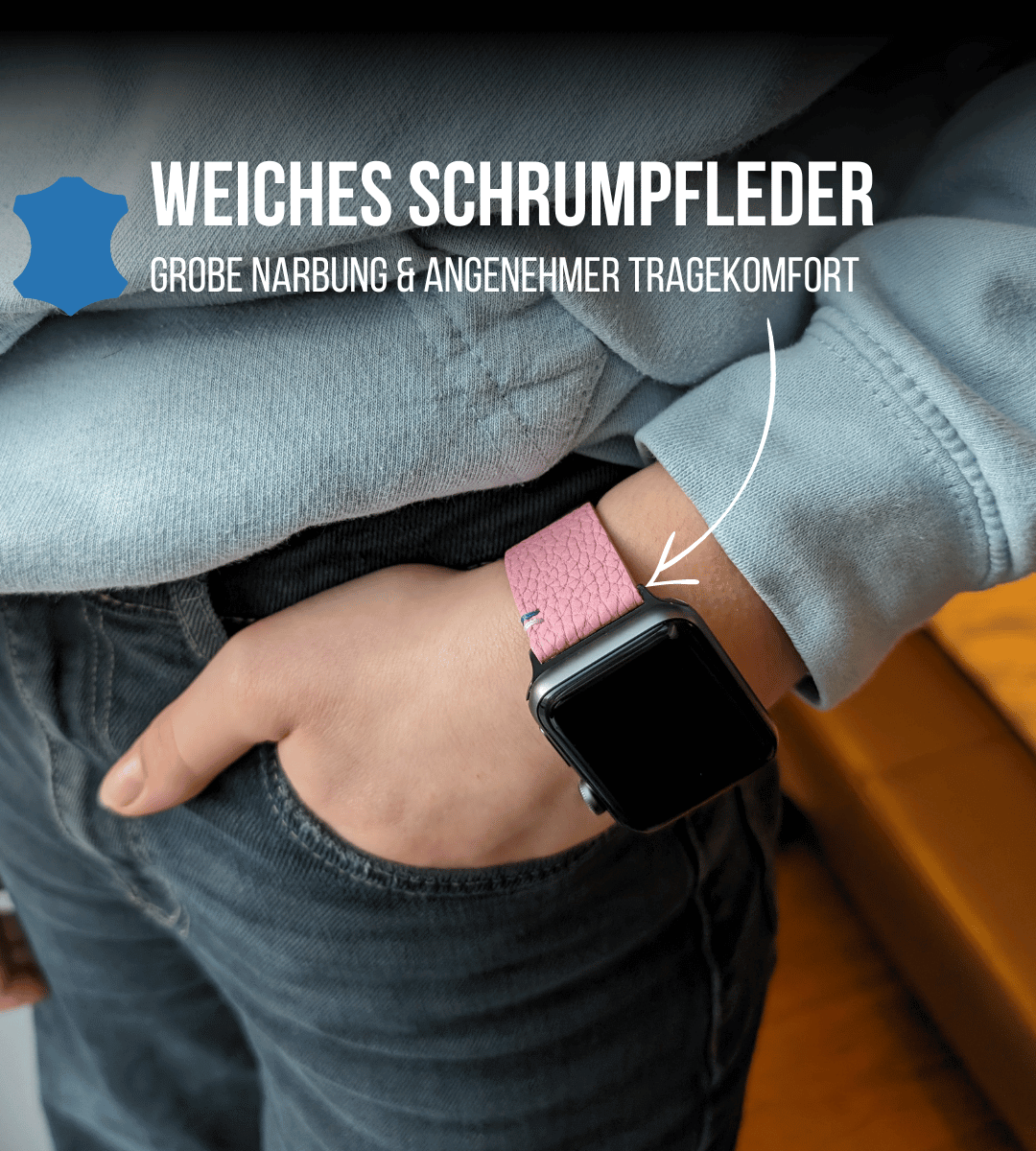 Damen Armband für die Apple Watch aus genarbtem Leder | Rosa