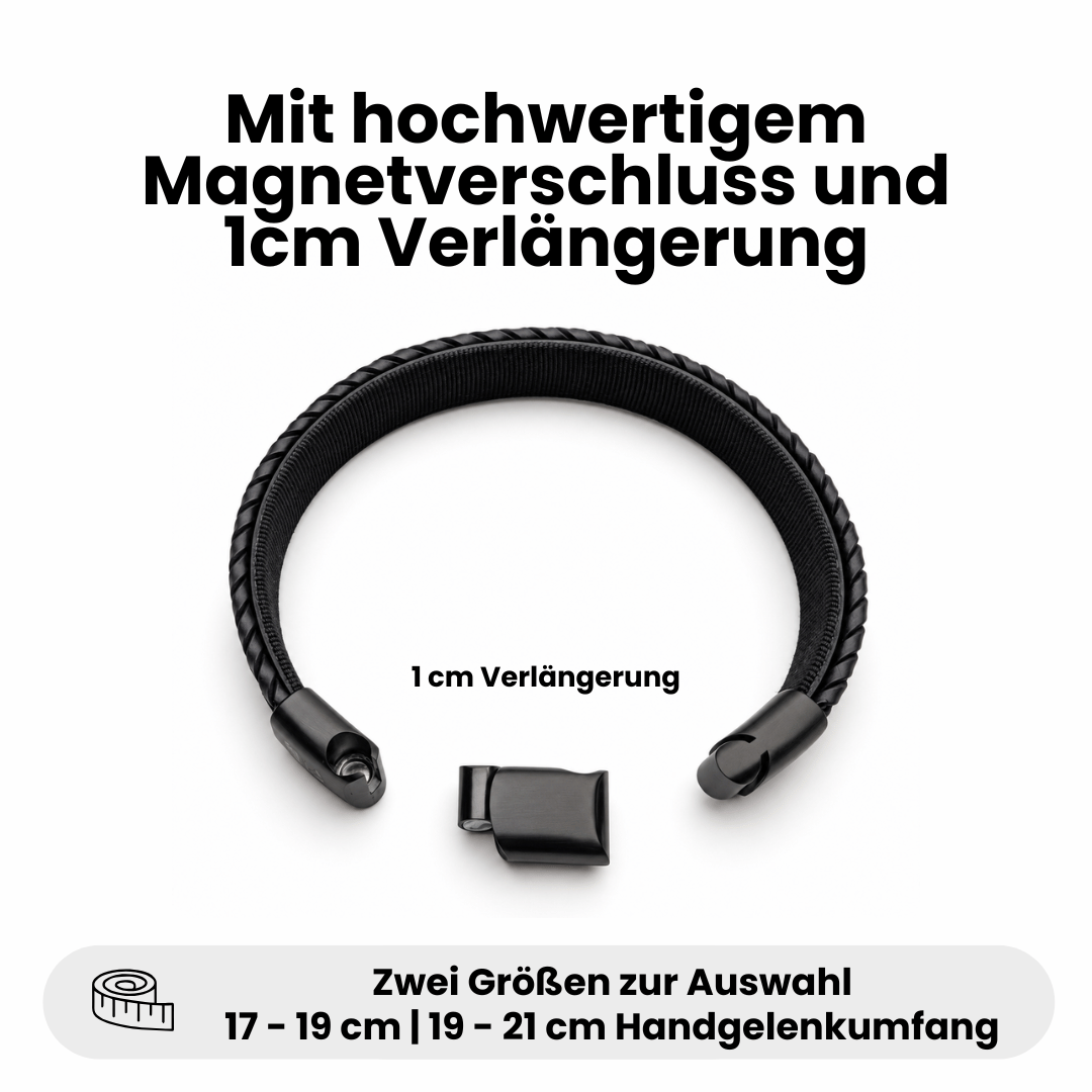 Bavarian BUA Armband Flecht in Schwarz mit geöffnetem Magnetverschluss und 1 cm Verlängerung; Größen für 17–19 cm und 19–21 cm Handgelenkumfang.