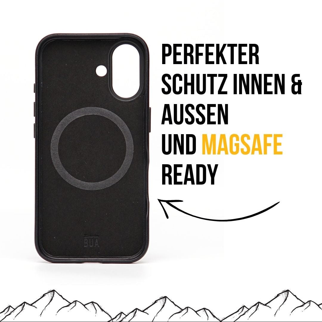 Schwarze iPhone-16-Hülle innen aus Mikrofaser und mit MagSafe, dargestellt auf weißem Hintergrund.