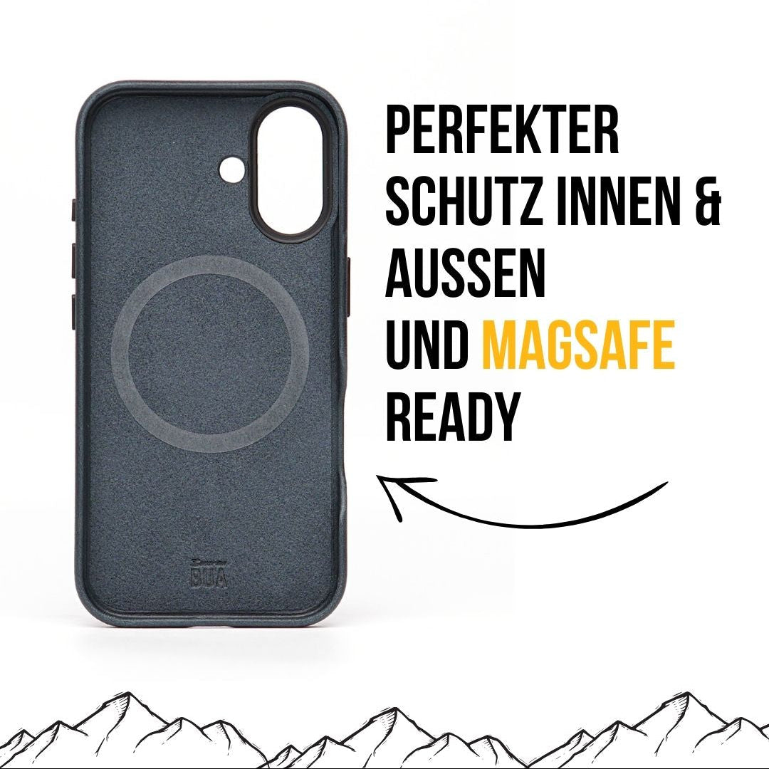 dunkelblaue iPhone-16-Hülle innen aus Mikrofaser mit MagSafe, dargestellt auf weißem Hintergrund.