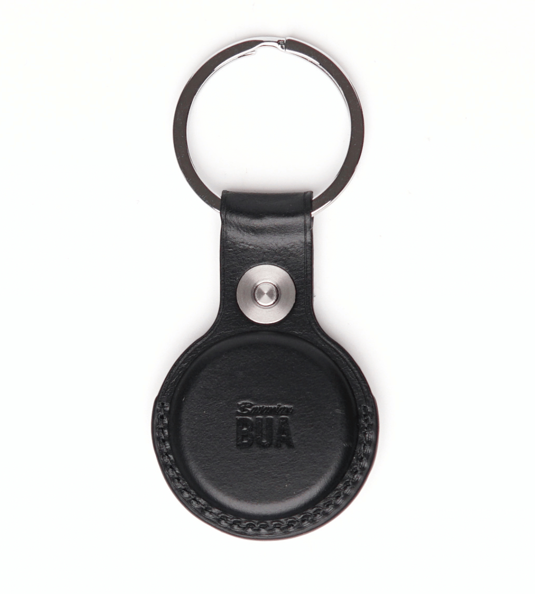 Airtag Hülle in schwarzem Leder, dargestellt auf weißem Hintergrund.