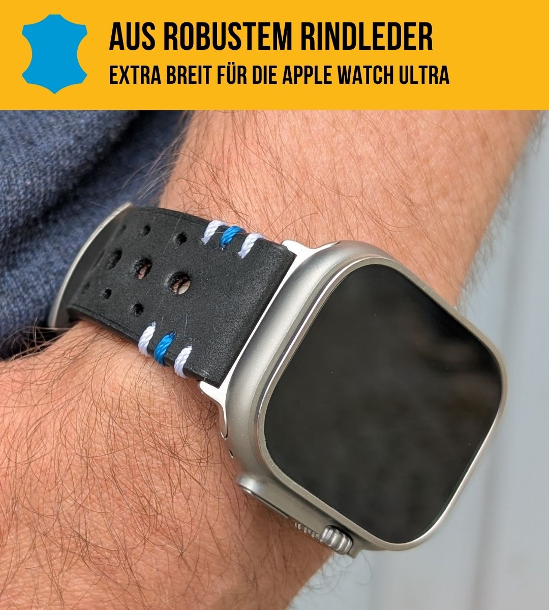 Racing Armband für die Apple Watch Ultra 1, 2 und 3 aus Echtleder | Schwarz