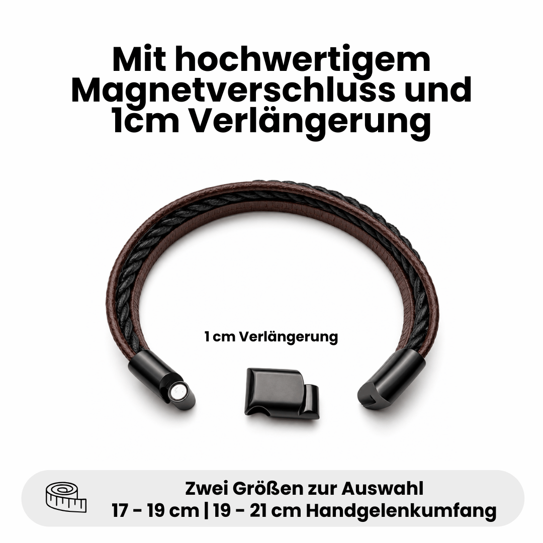 Bavarian BUA Armband Trio in Braun-Schwarz mit geöffnetem Magnetverschluss und 1 cm Verlängerung; Größen für 17–19 cm und 19–21 cm Handgelenkumfang.