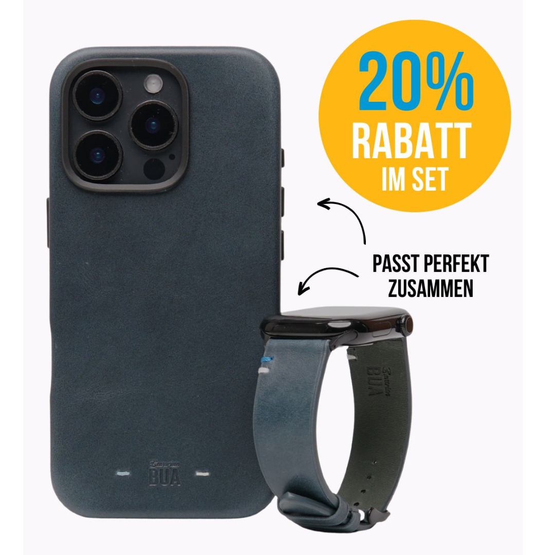 Set Band aus Vollnarbenleder mit iPhone Hülle | Blau