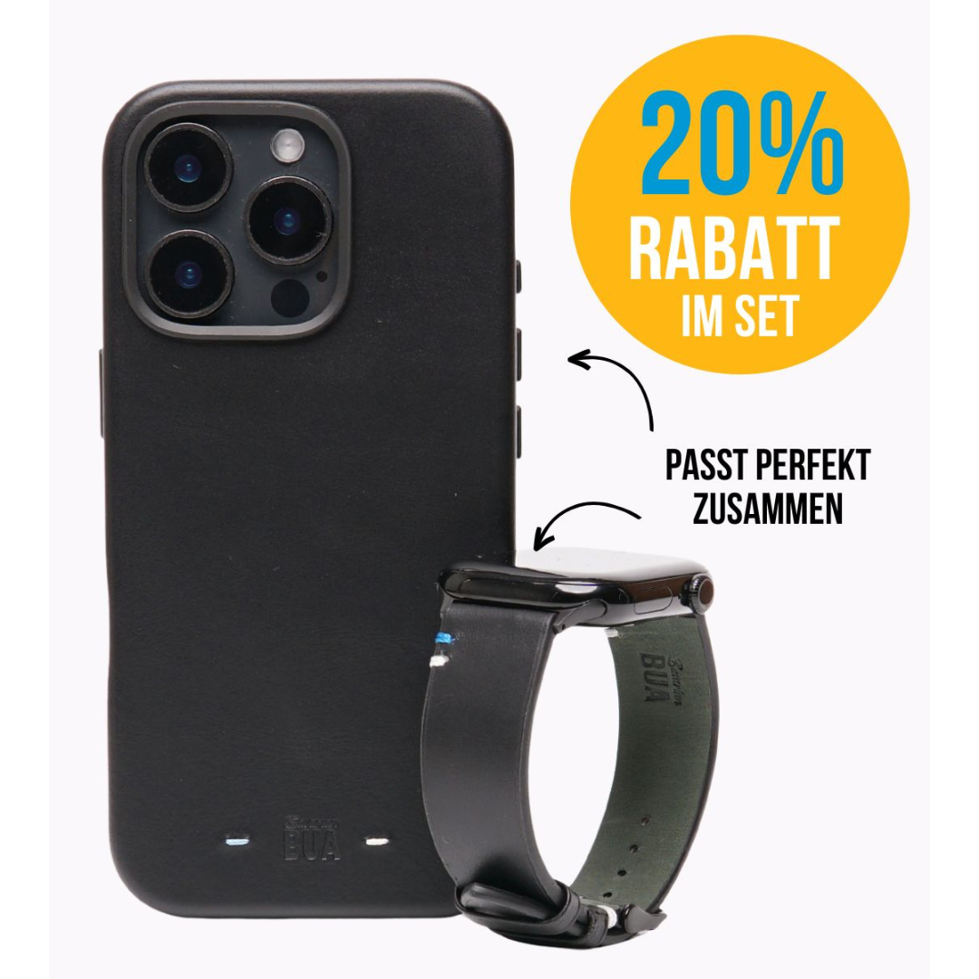 Set Band aus Vollnarbenleder mit iPhone Hülle | Schwarz