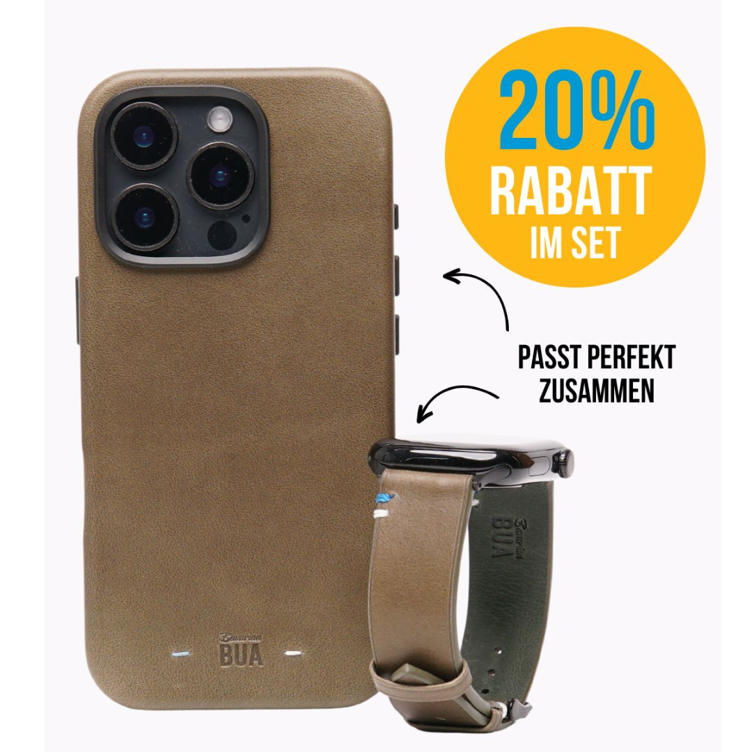 Set Band aus Vollnarbenleder mit iPhone Hülle | Olive