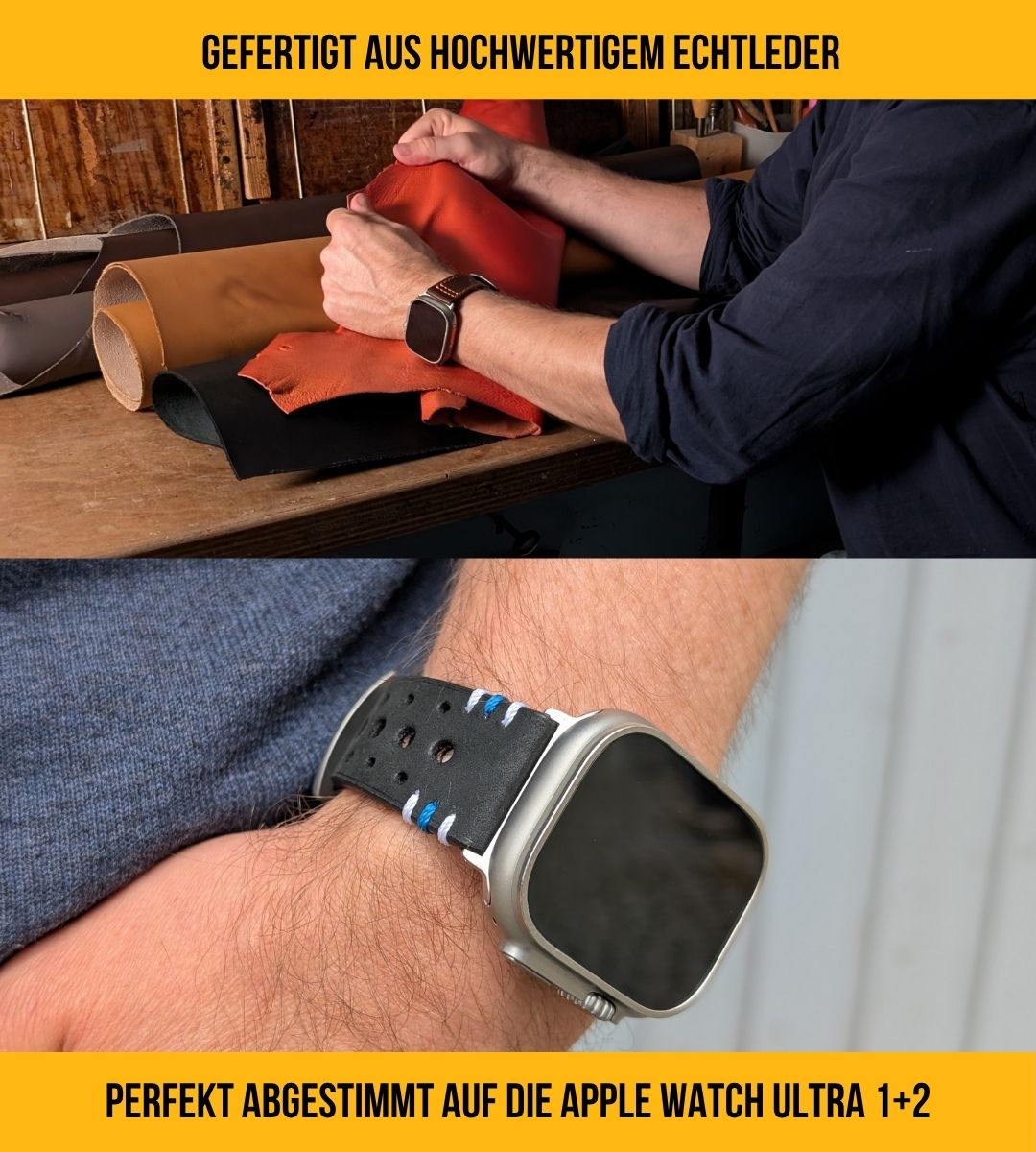 Racing Armband für die Apple Watch Ultra 1, 2 und 3 aus Echtleder | Schwarz