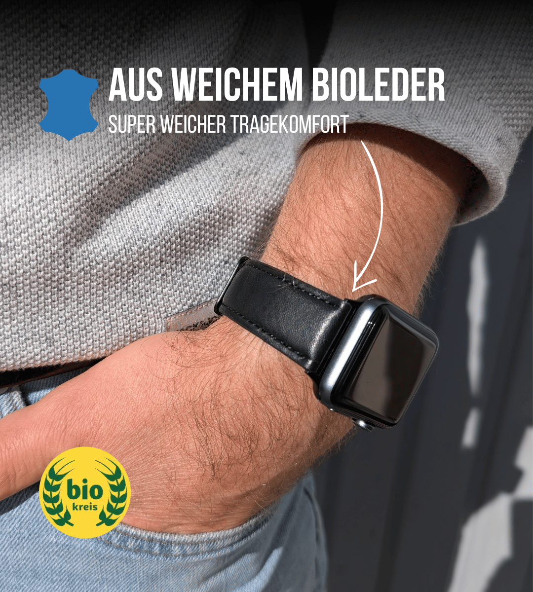 Biolederband für die Apple Watch | Schwarz Naht