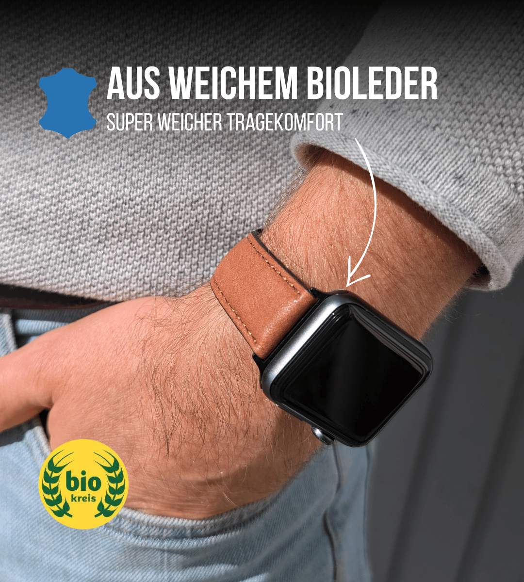 Biolederband für die Apple Watch | Mittelbraun Naht