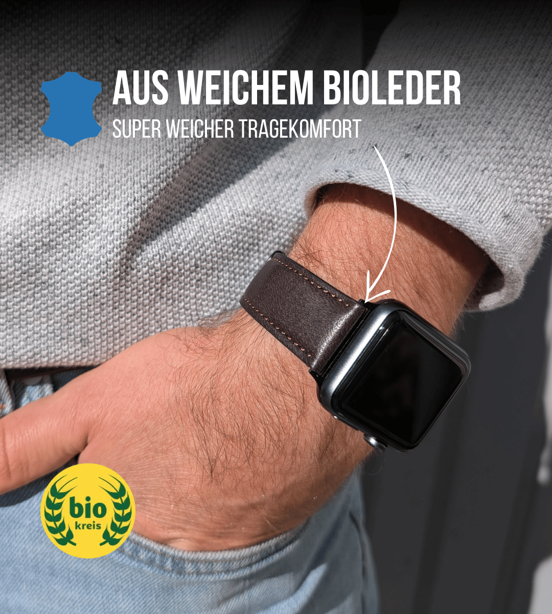 Biolederband für die Apple Watch | Dunkelbraun Naht