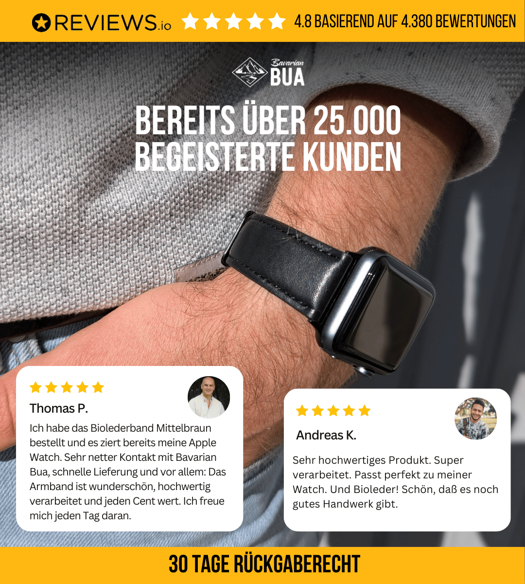 Biolederband für die Apple Watch | Schwarz Naht