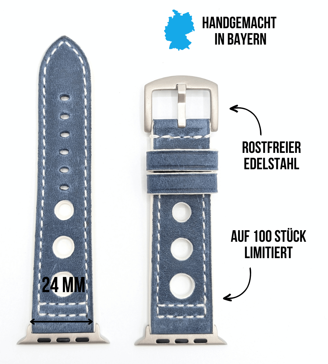 Robustes Armband für die Apple Watch Ultra aus Echtleder | Limited Edition Weiß-Blau