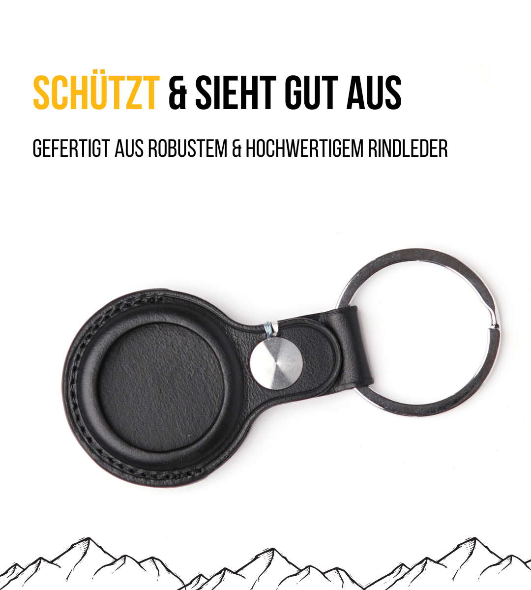 Airtag Hülle in schwarzem Leder, dargestellt auf weißem Hintergrund.