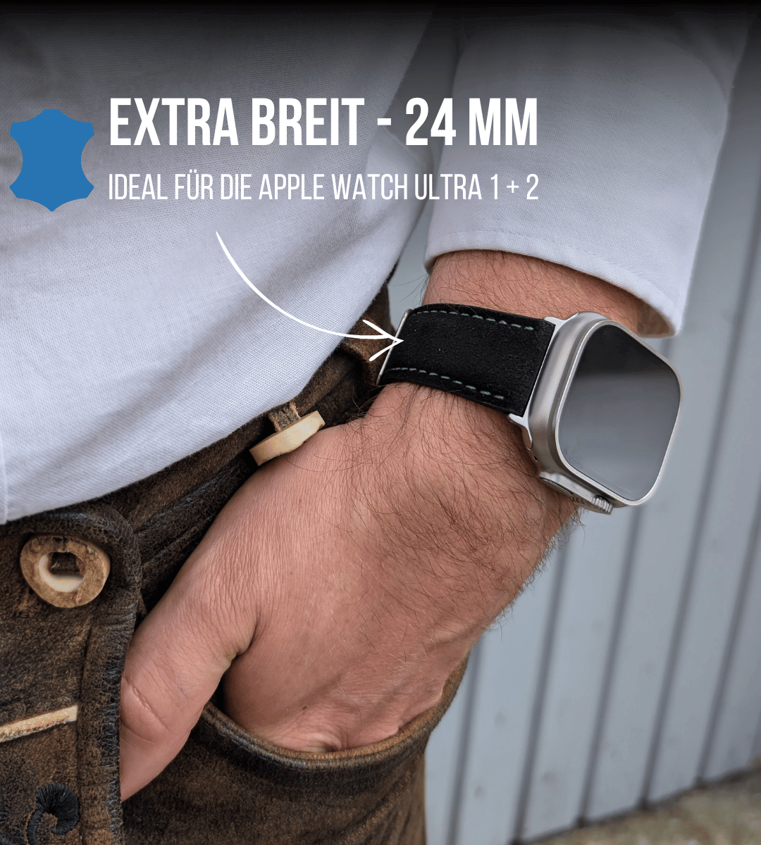 Armband für die Apple Watch Ultra aus Lederhosenleder | Schwarz