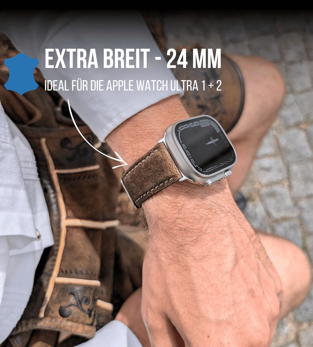 Armband für die Apple Watch Ultra aus Lederhosenleder | Braun