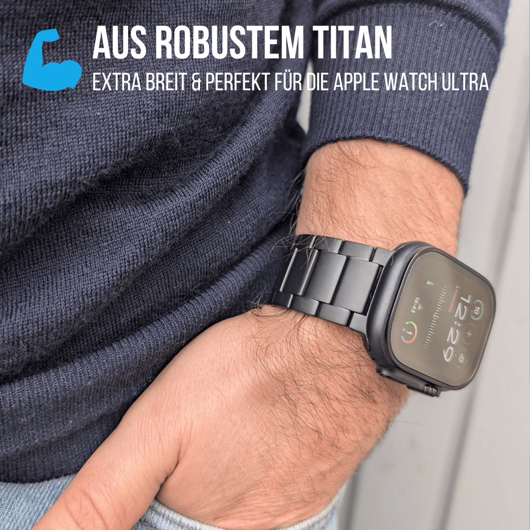 Schwarzes Titanarmband für die Apple Watch Ultra, dargestellt am Handgelenk.