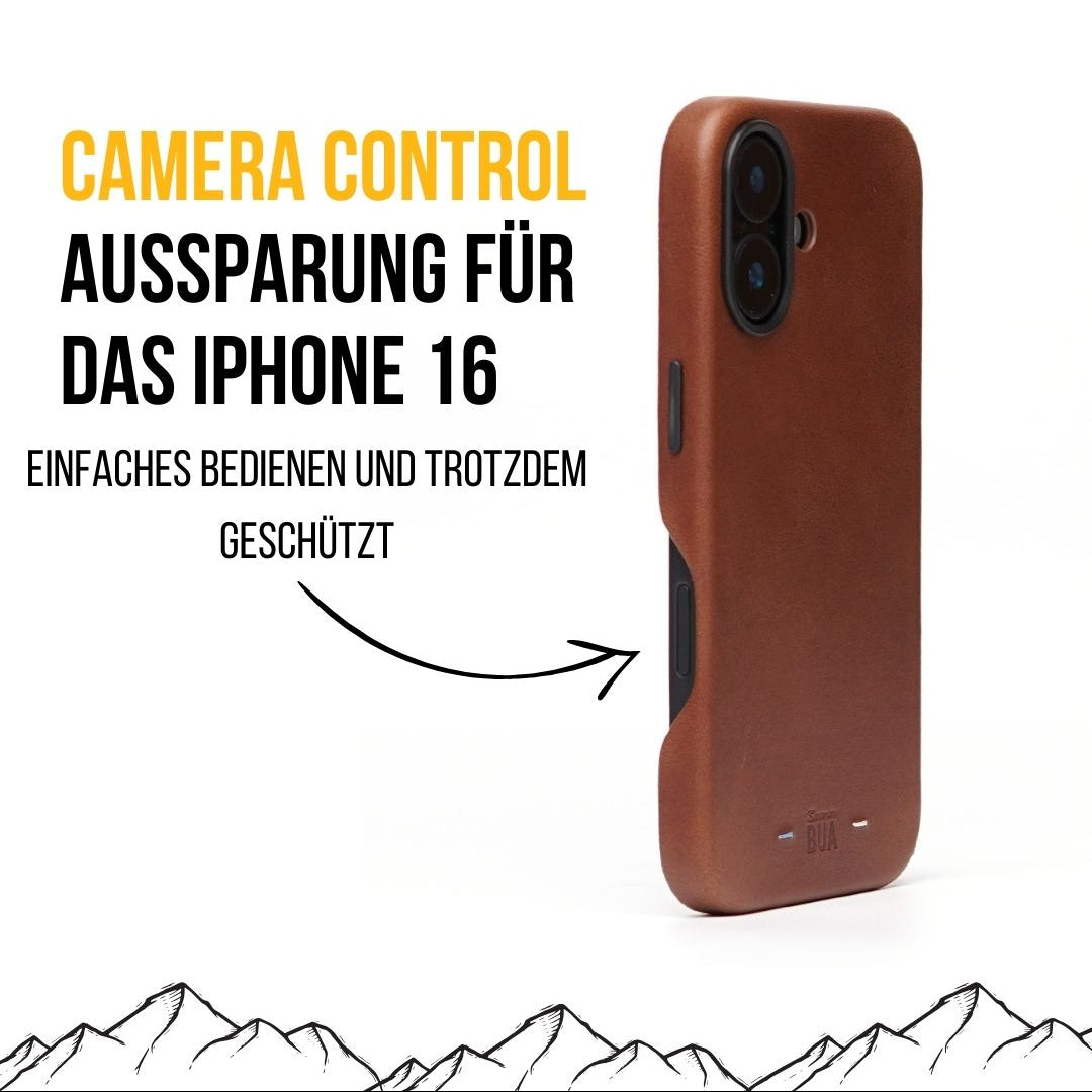 Braune iPhone-16-Hülle mit seitlicher Aussparung für die Camera-Control-Taste, dargestellt auf weißem Hintergrund.