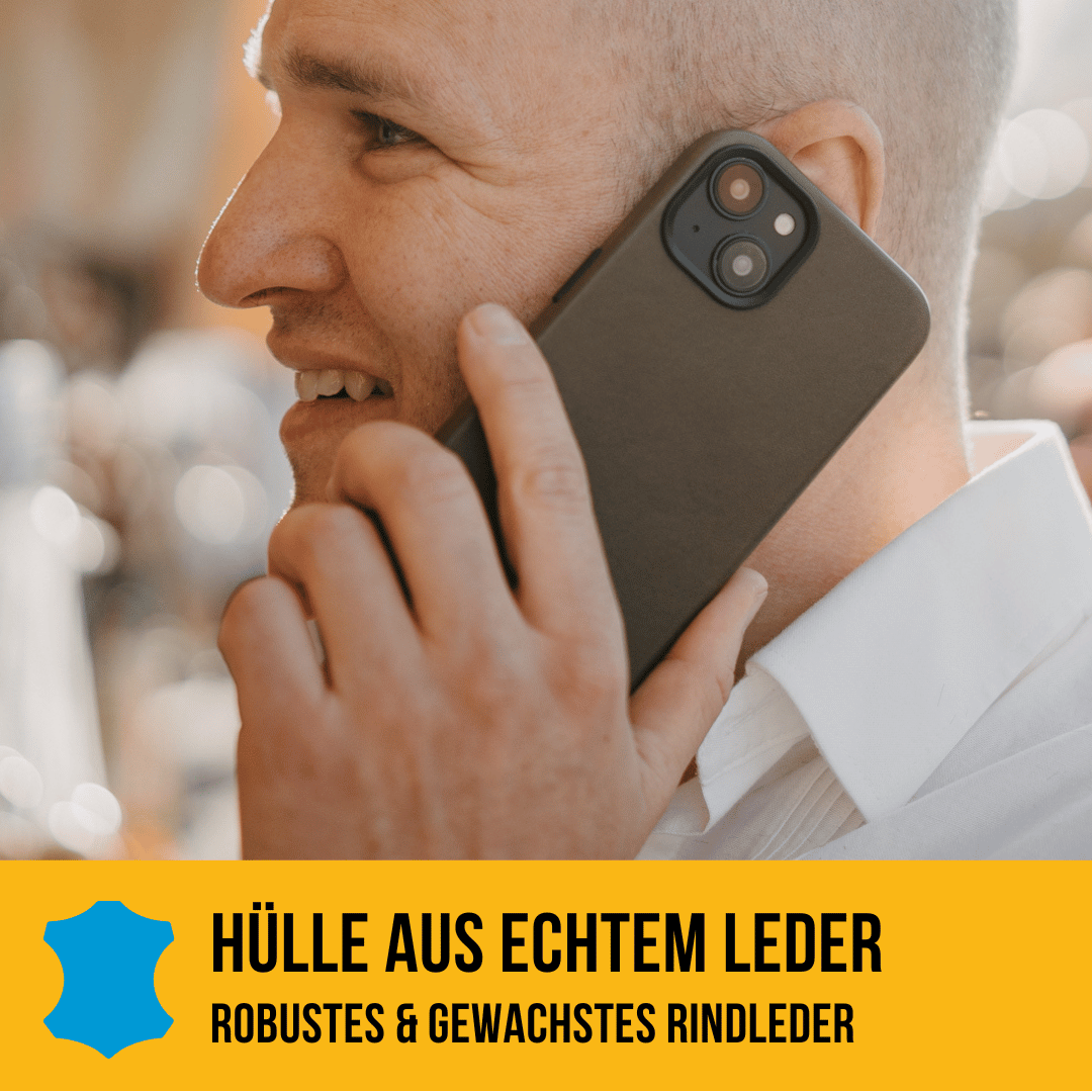 iPhone 16 in Olive aus echtem Leder in Action