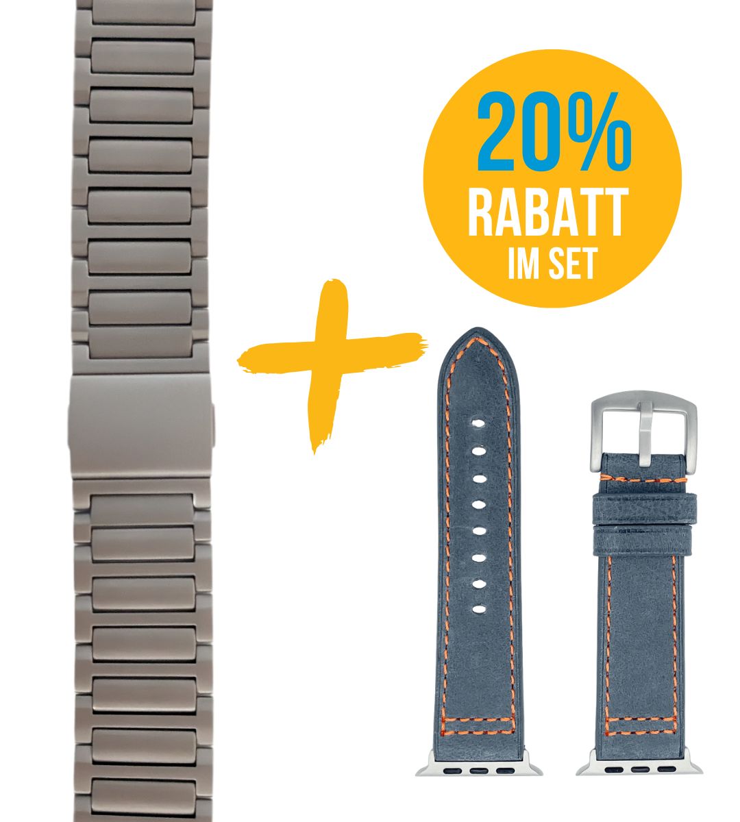 Set für Apple Watch Ultra | Titanband Magnet + Robustes Echtlederband Hellblau