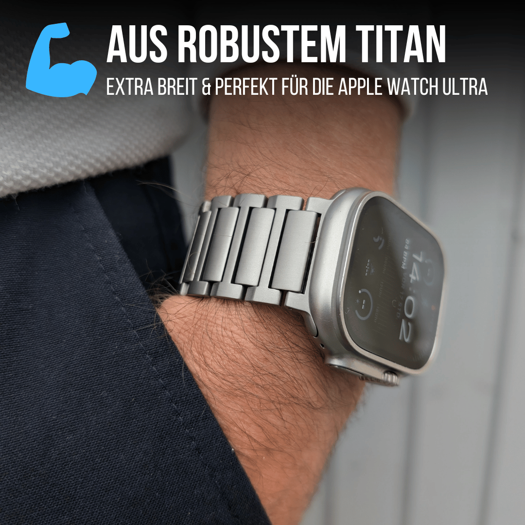 Silbernes Titanarmband mit Magnetverschluss für die Apple Watch Ultra, dargestellt am Handgelenk