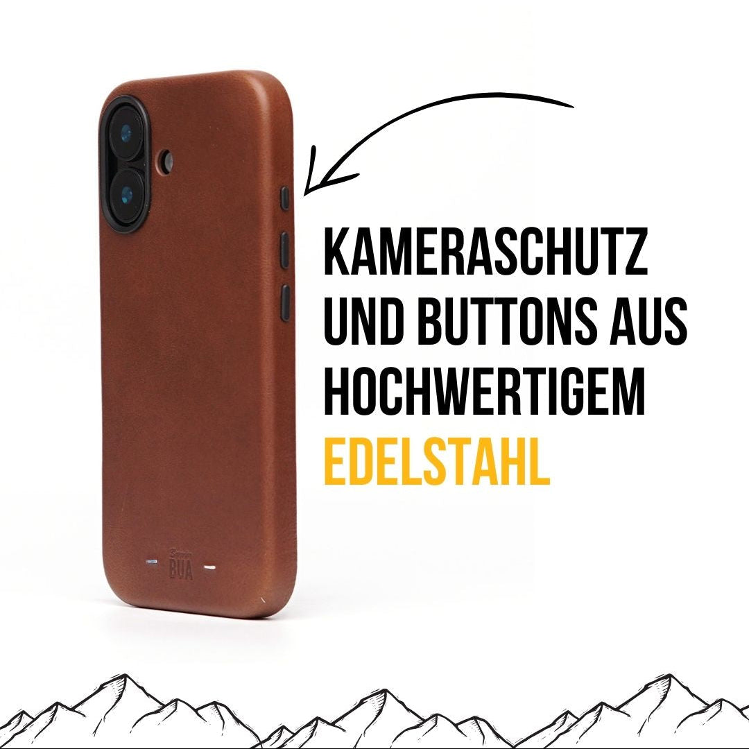 Braune iPhone-16-Hülle mit Kameraschutz aus Edelstahl, dargestellt auf weißem Hintergrund.