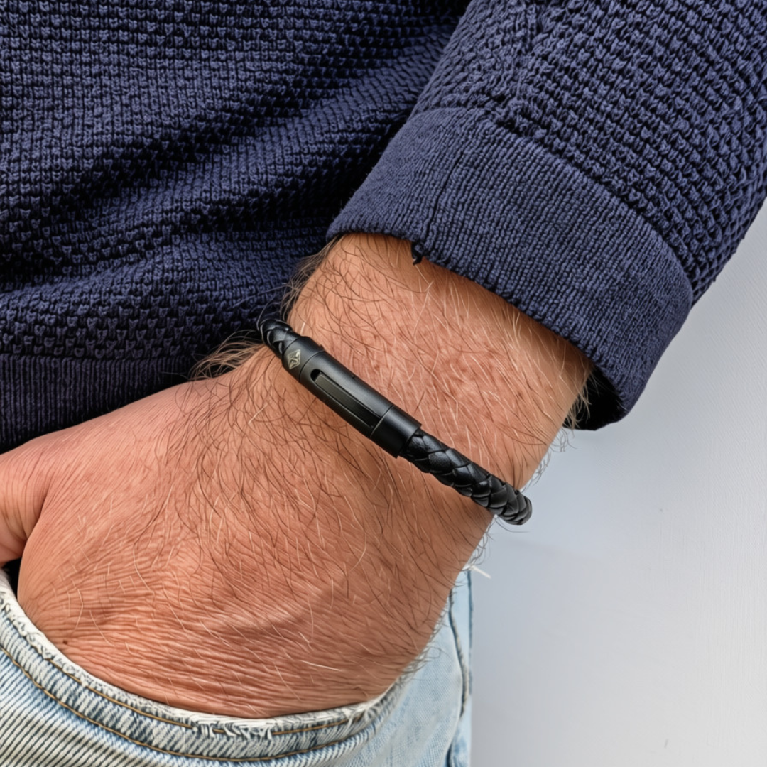 Bavarian BUA Armband Pur in Schwarz, rund geflochten, am Handgelenk zu dunkelblauem Strickpullover.