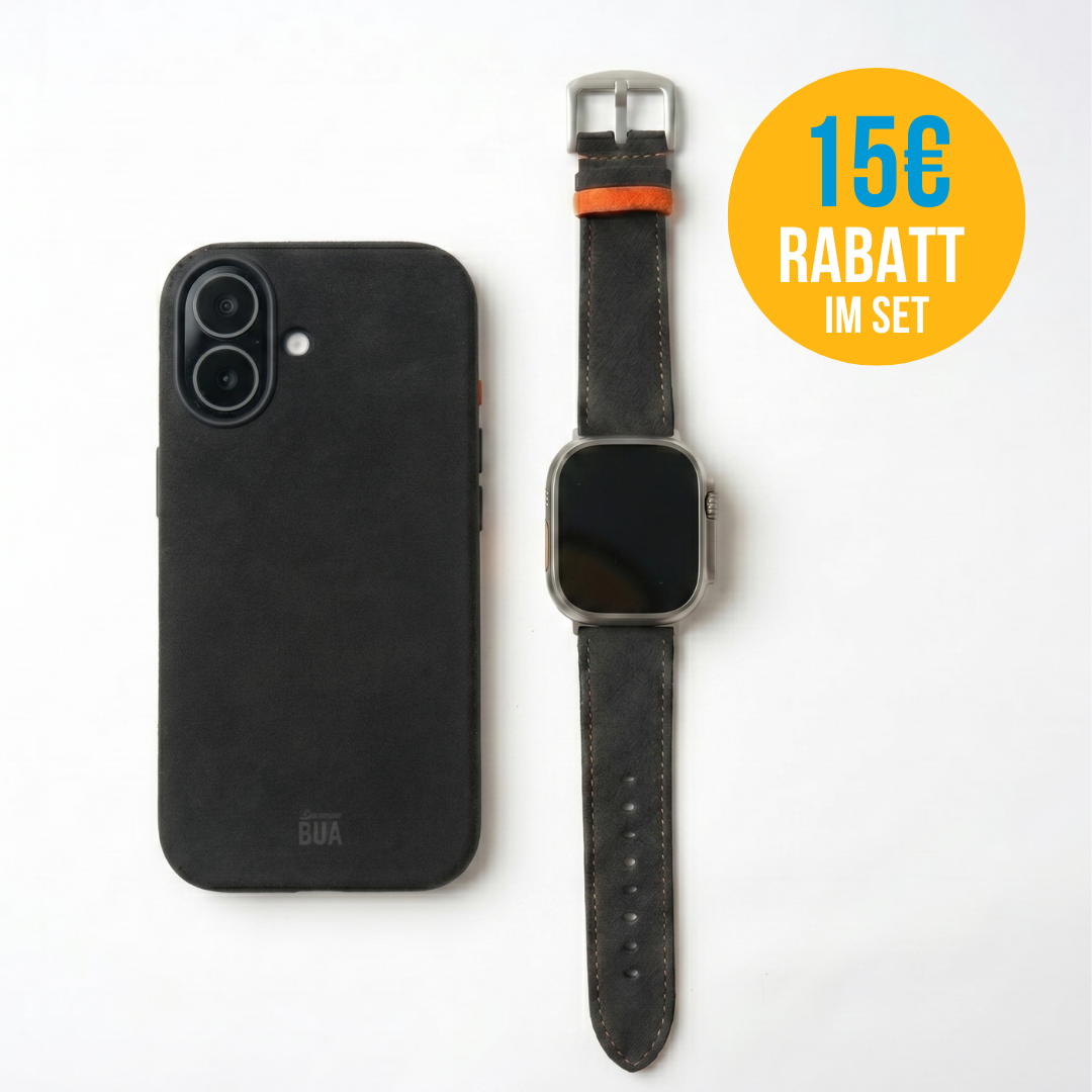 Alcantara Set – Apple Watch Band + iPhone Hülle ‚,Signature Anthrazit"