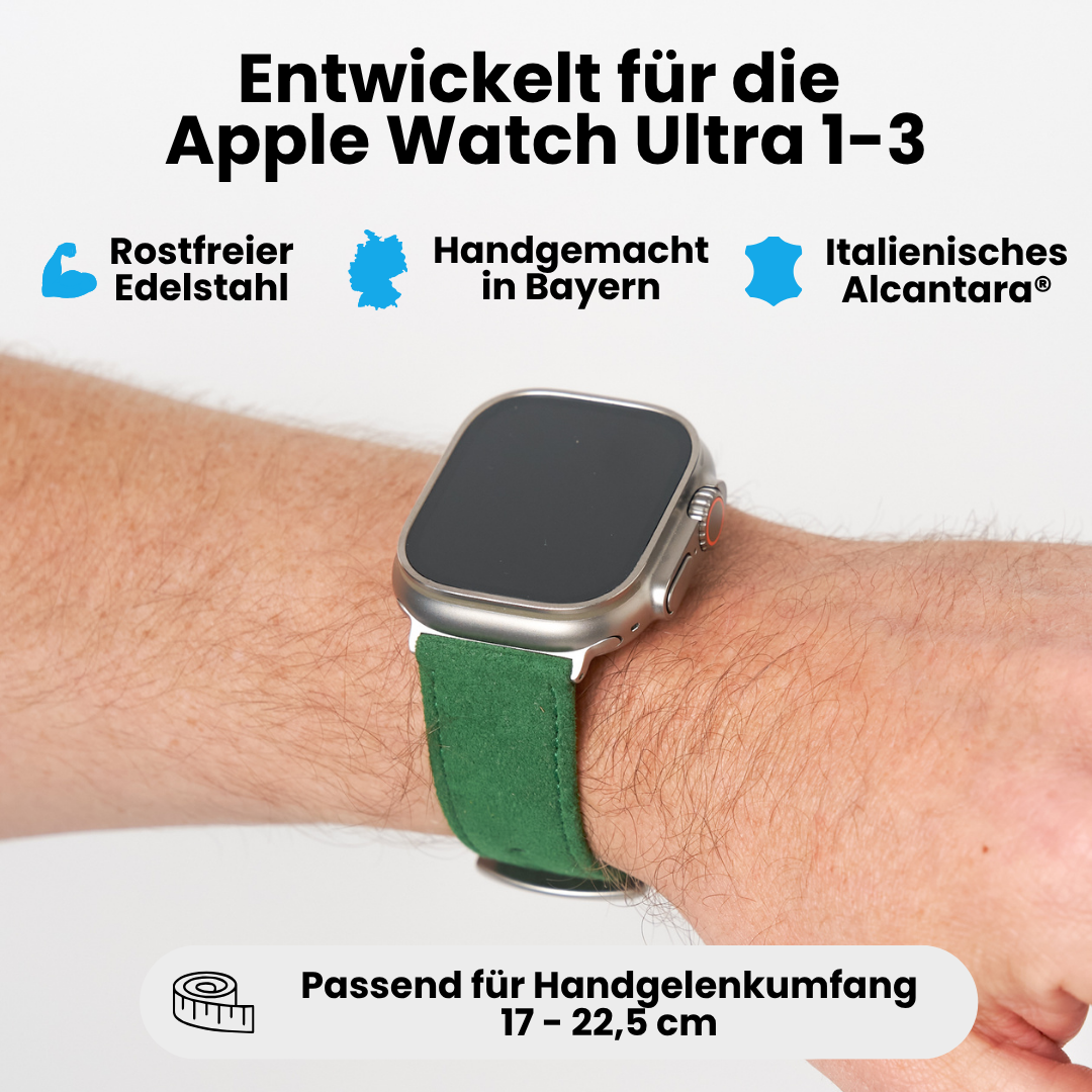 Grünes Alcantara Armband für Apple Watch Ultra 1–3 mit Edelstahl, handgemacht in Bayern und passendem Handgelenkumfang 17–22,5 cm