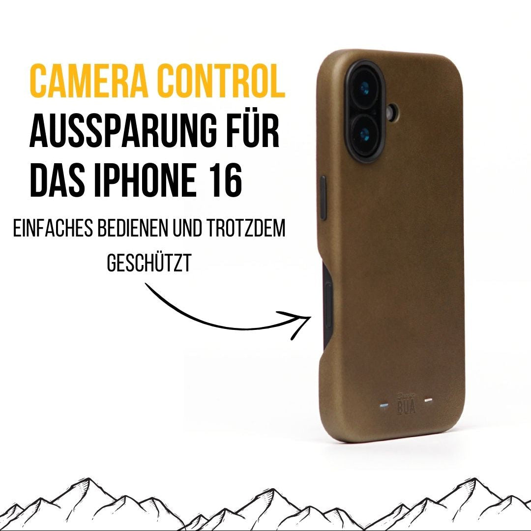 Olive iPhone-16-Hülle mit seitlicher Aussparung für die Camera-Control-Taste, dargestellt auf weißem Hintergrund.