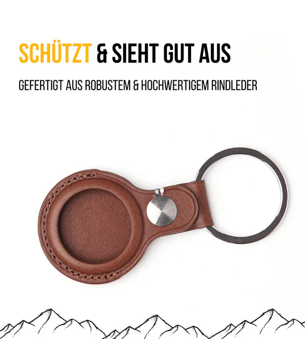 Airtag Hülle in braunem Leder, dargestellt auf weißem Hintergrund.