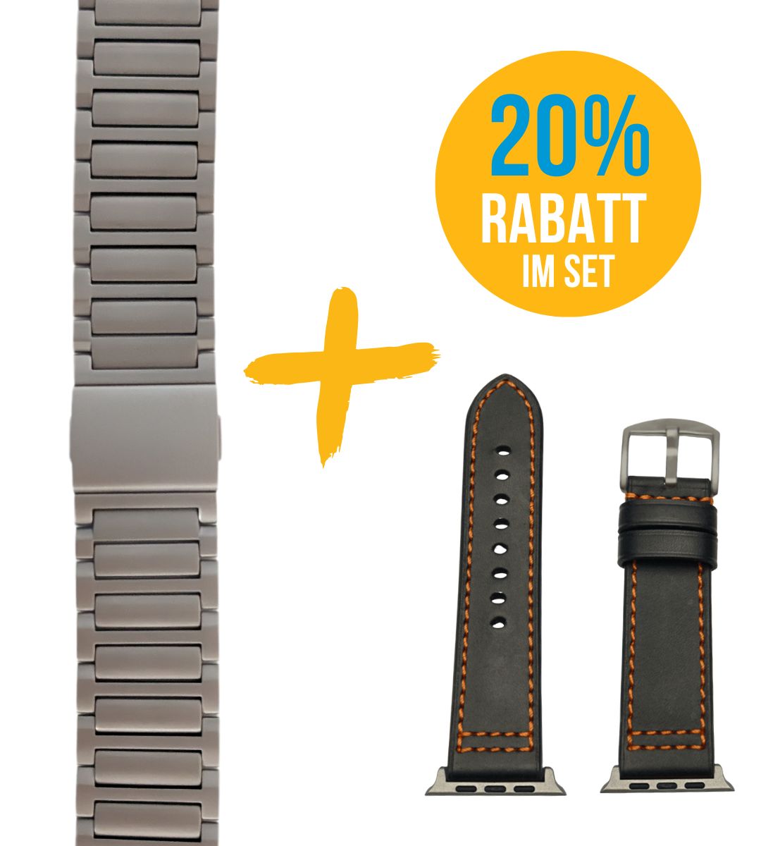 Set für Apple Watch Ultra | Titanband Magnet + Robustes Echtlederband Schwarz