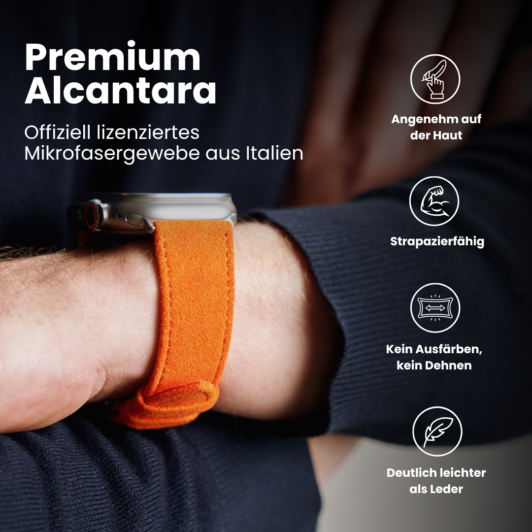 Premium Alcantara Armband für Apple Watch Ultra in Orange, angenehm auf der Haut, strapazierfähig und leichter als Leder