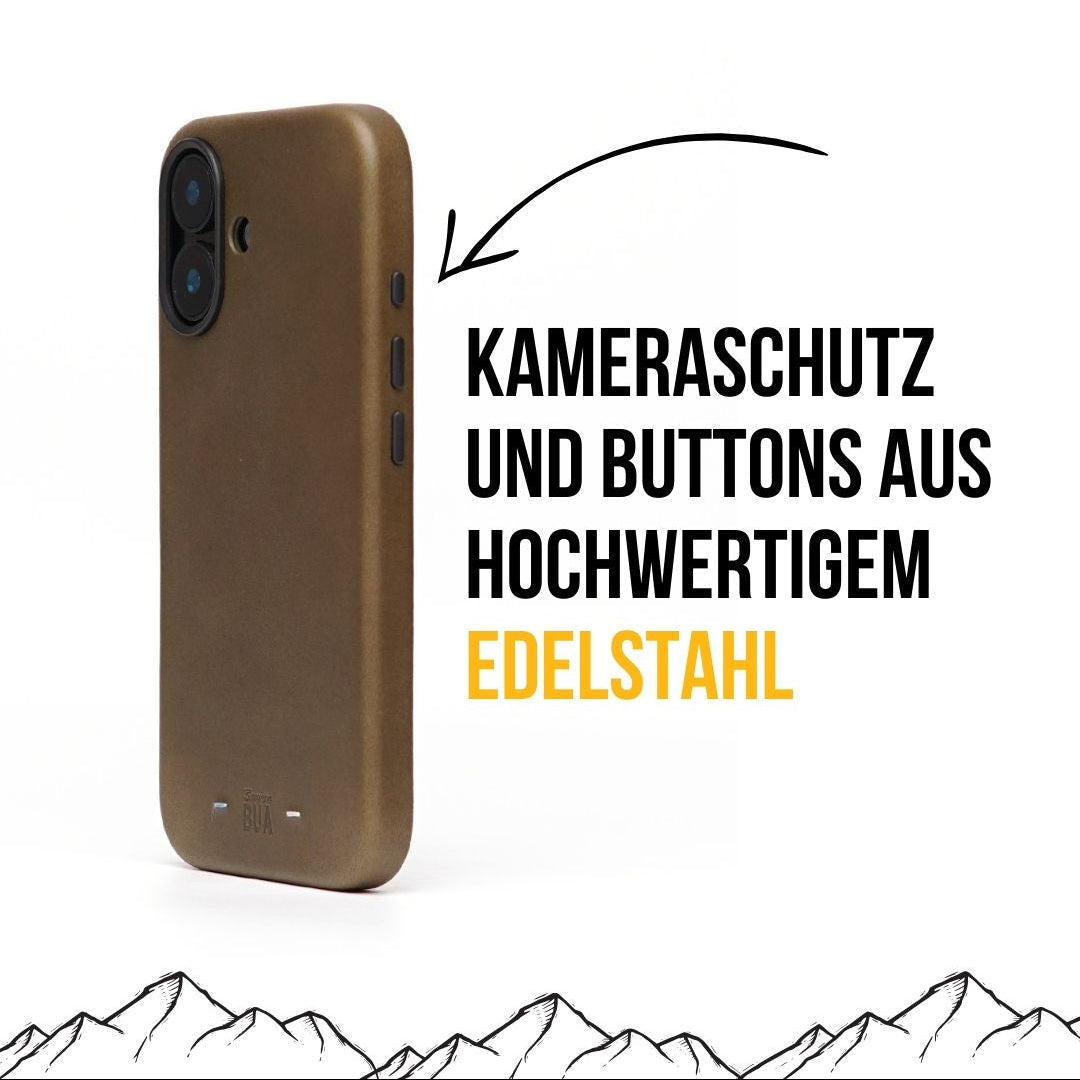 Olive iPhone-16-Hülle mit Buttons aus Edelstahl, dargestellt auf weißem Hintergrund.
