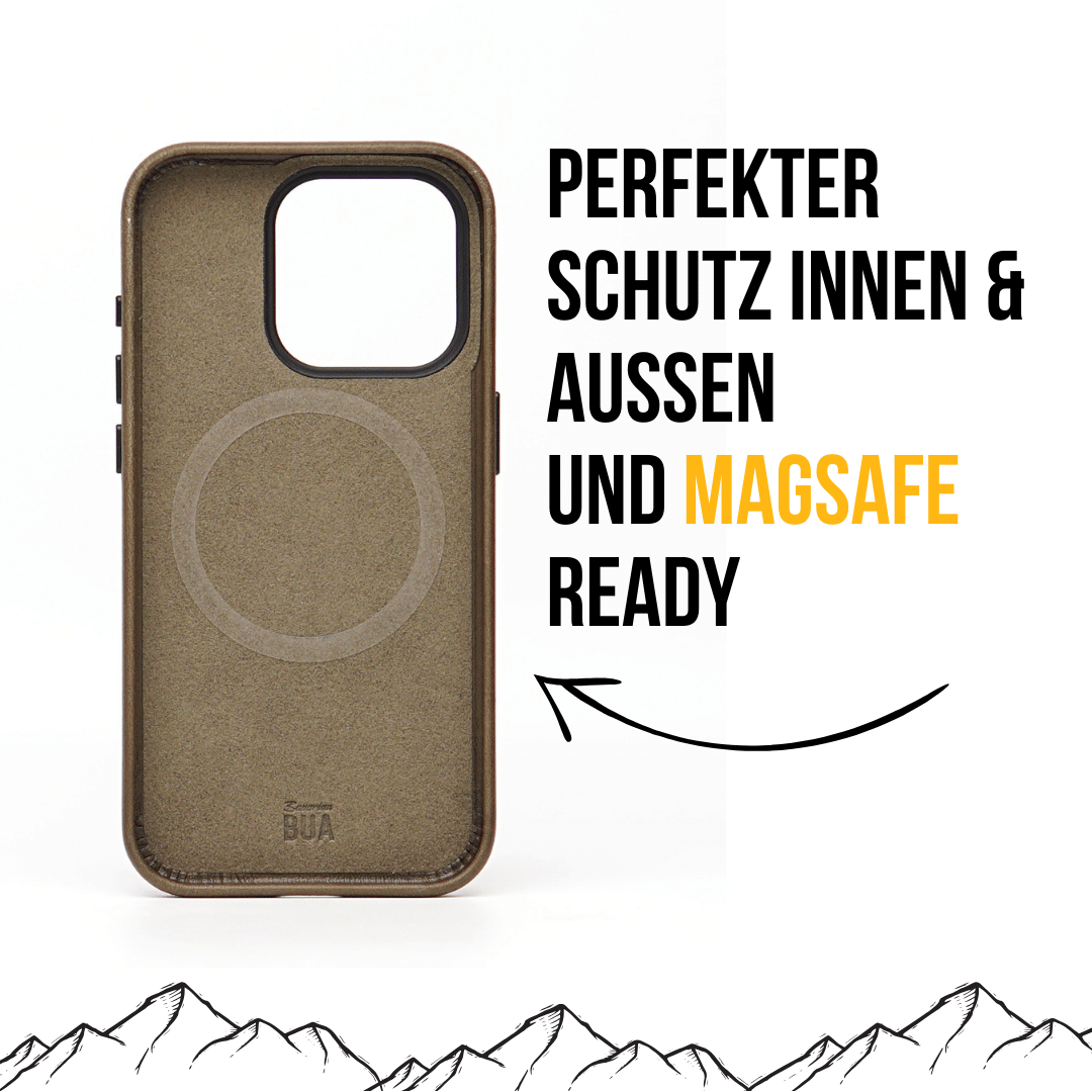 Olive iPhone-16-Hülle Innen aus Mikrofaser, dargestellt auf weißem Hintergrund.