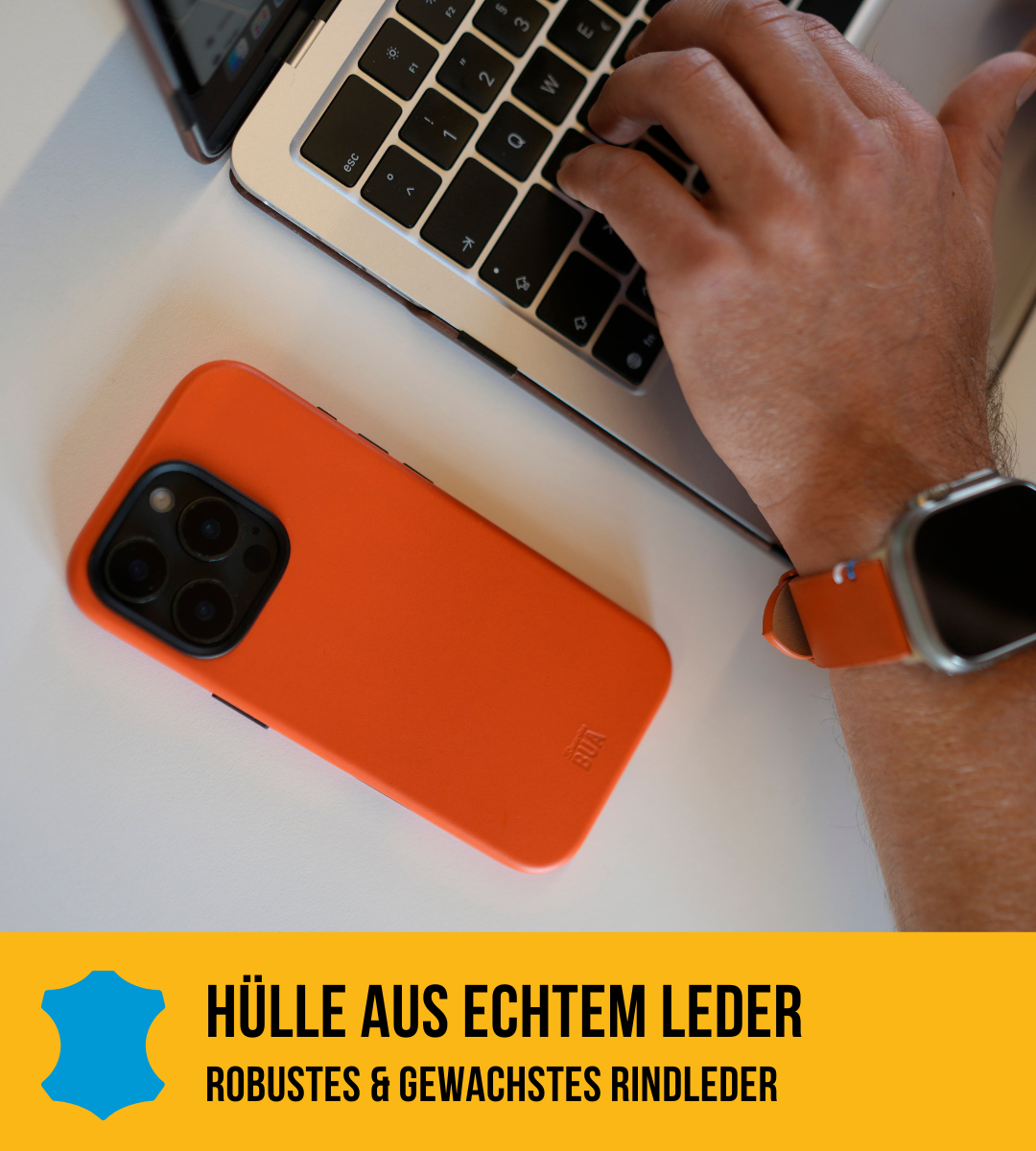 Set Lederhülle für iPhone 16 Pro mit Band für die Apple Watch Ultra | Orange