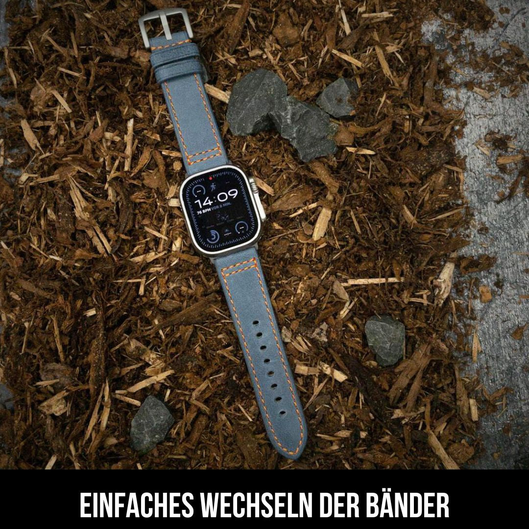 Set für Apple Watch Ultra | Leder Band Hellblau + Dunkelbraun