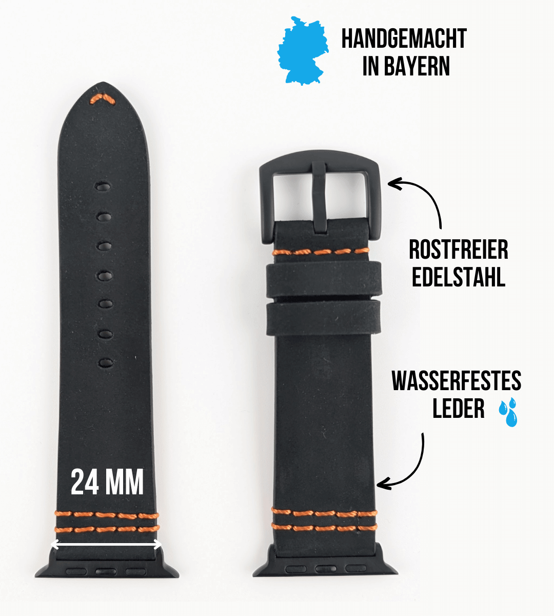 Wasserfestes Lederarmband für die Apple Watch Ultra | Schwarz