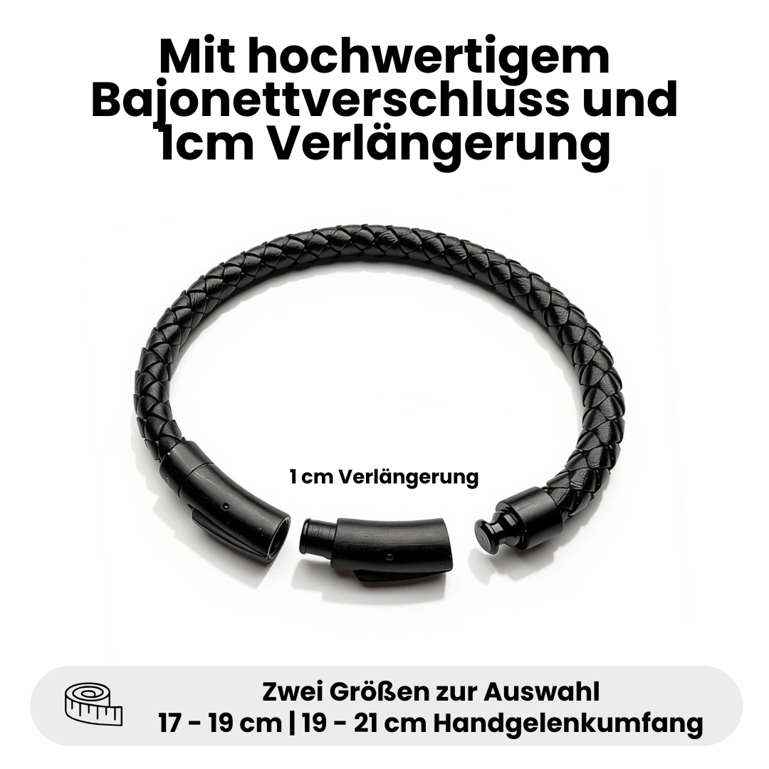 Bavarian BUA Lederarmband Pur in Schwarz mit geöffnetem Bajonettverschluss und separatem Verlängerungsstück von 1 cm; Angaben zum Handgelenkumfang.