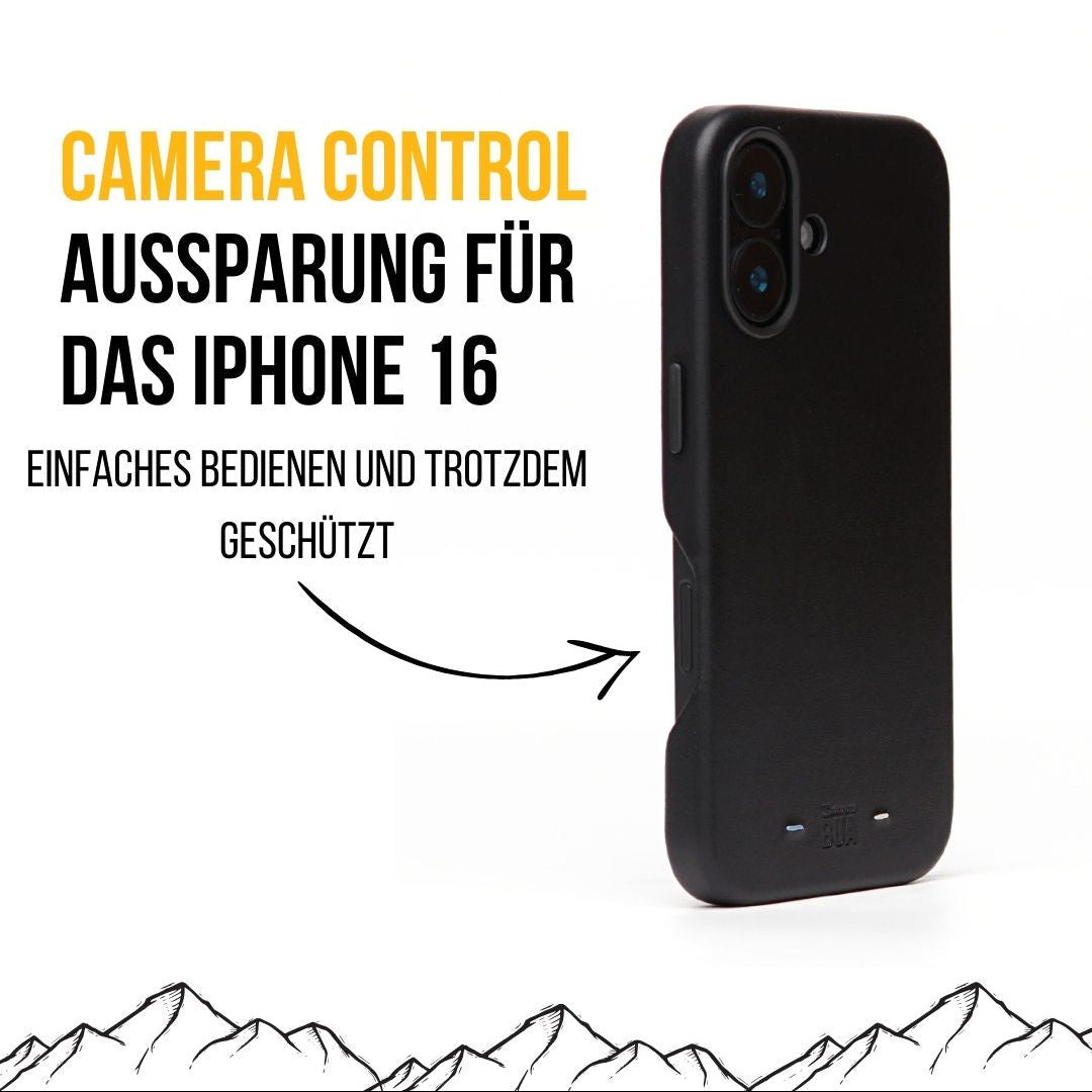 Schwarze iPhone-16-Hülle mit seitlicher Aussparung für die Camera-Control-Taste, dargestellt auf weißem Hintergrund.